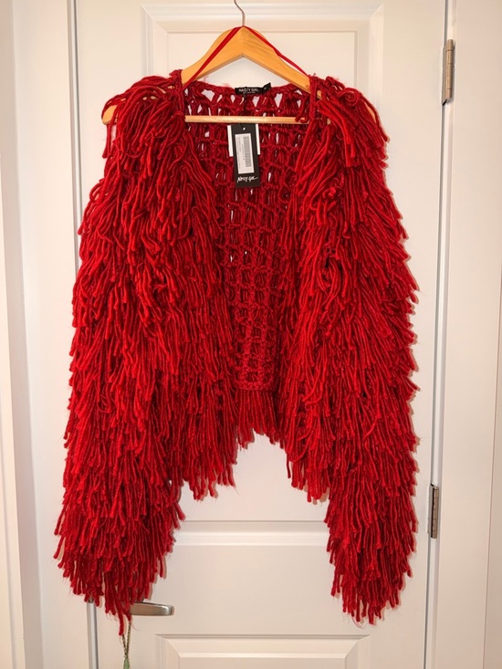 Nasty Gal Jackets & Blazers - Nasty Gal Red Shaggy Open Knit Fringe Jacket